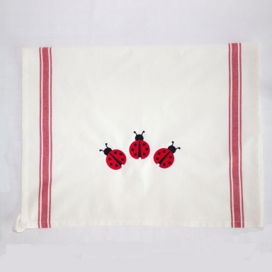 Ladybug Embroidered Red Stripped Vintage Tea Towel